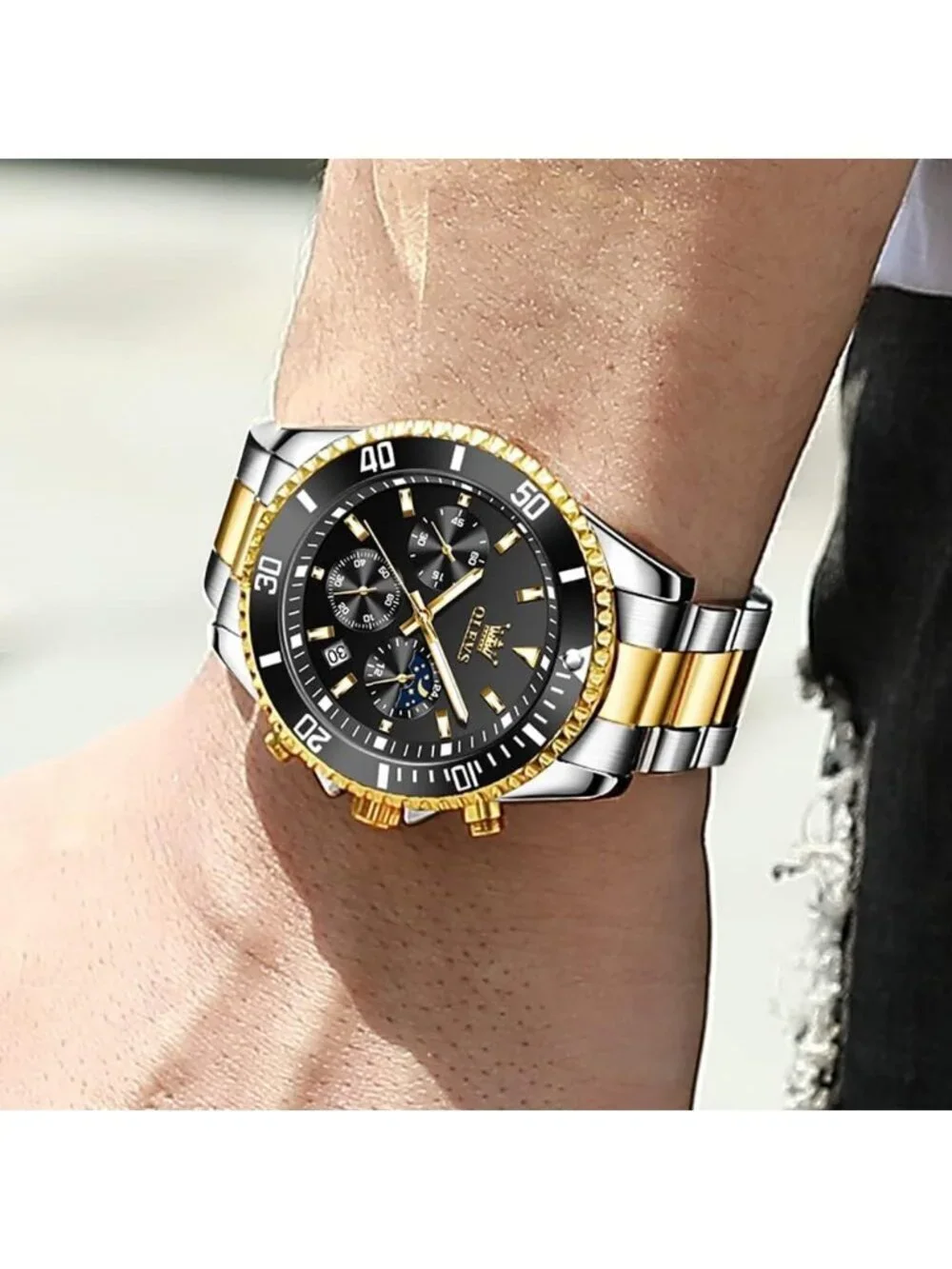 Men's Black Premium Gold and Silver Stainless Analog Rotatable Round Steel Watch